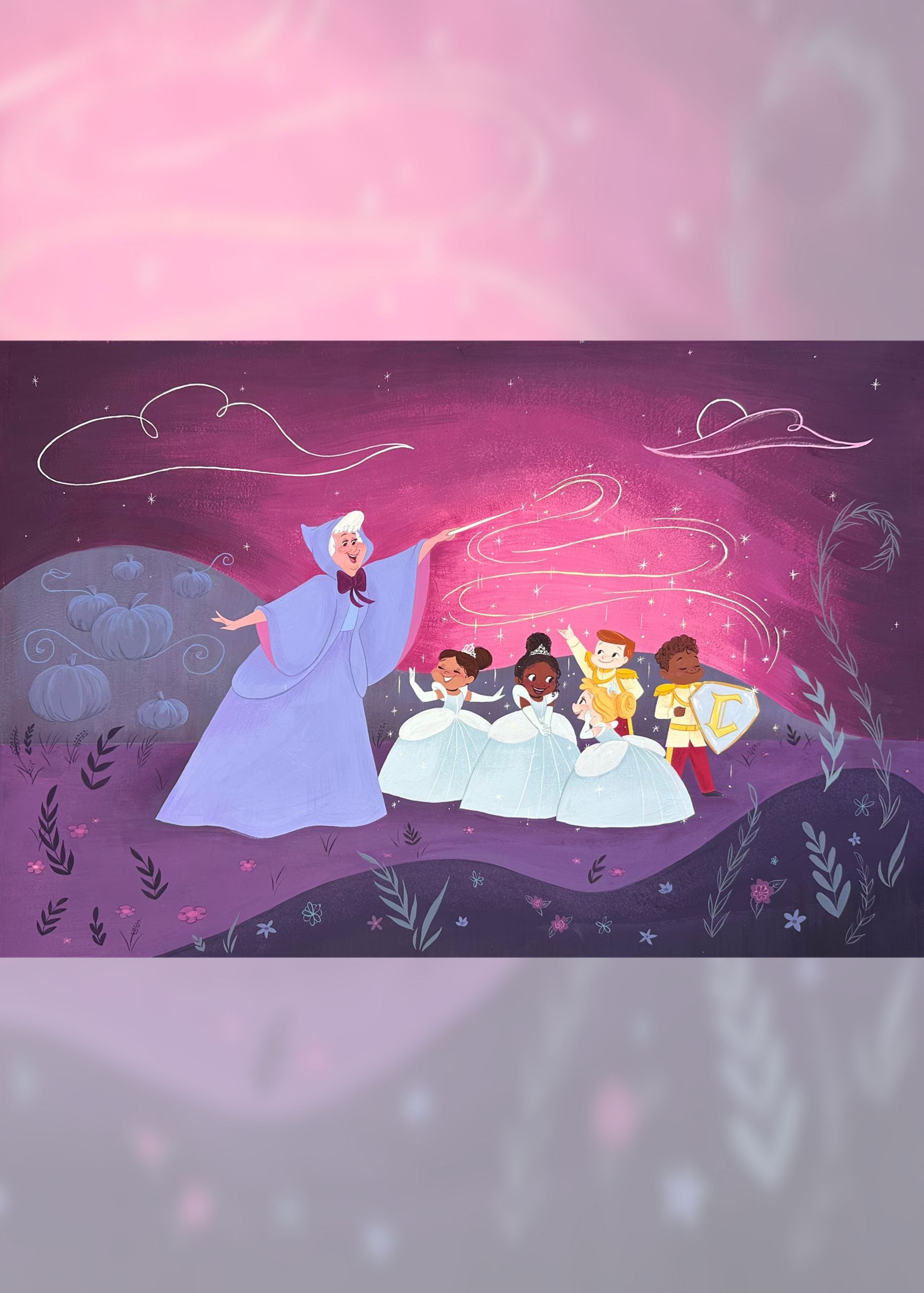 A piece of art depicts the Fairy Godmother using magic to help children become princes and princesses