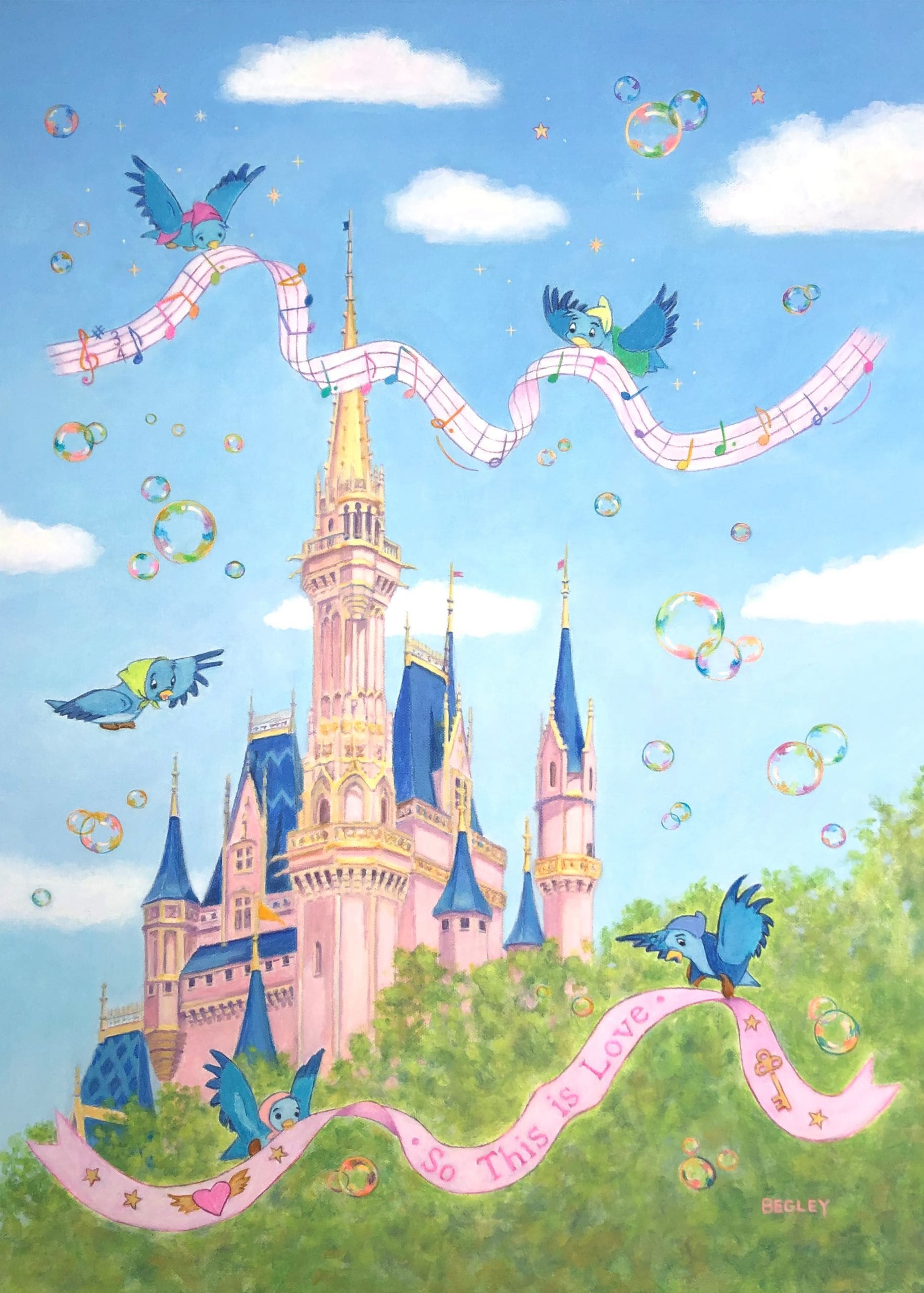 A piece of art depicts Sleeping Beauty Castle and a banner that reads, So This Is Love