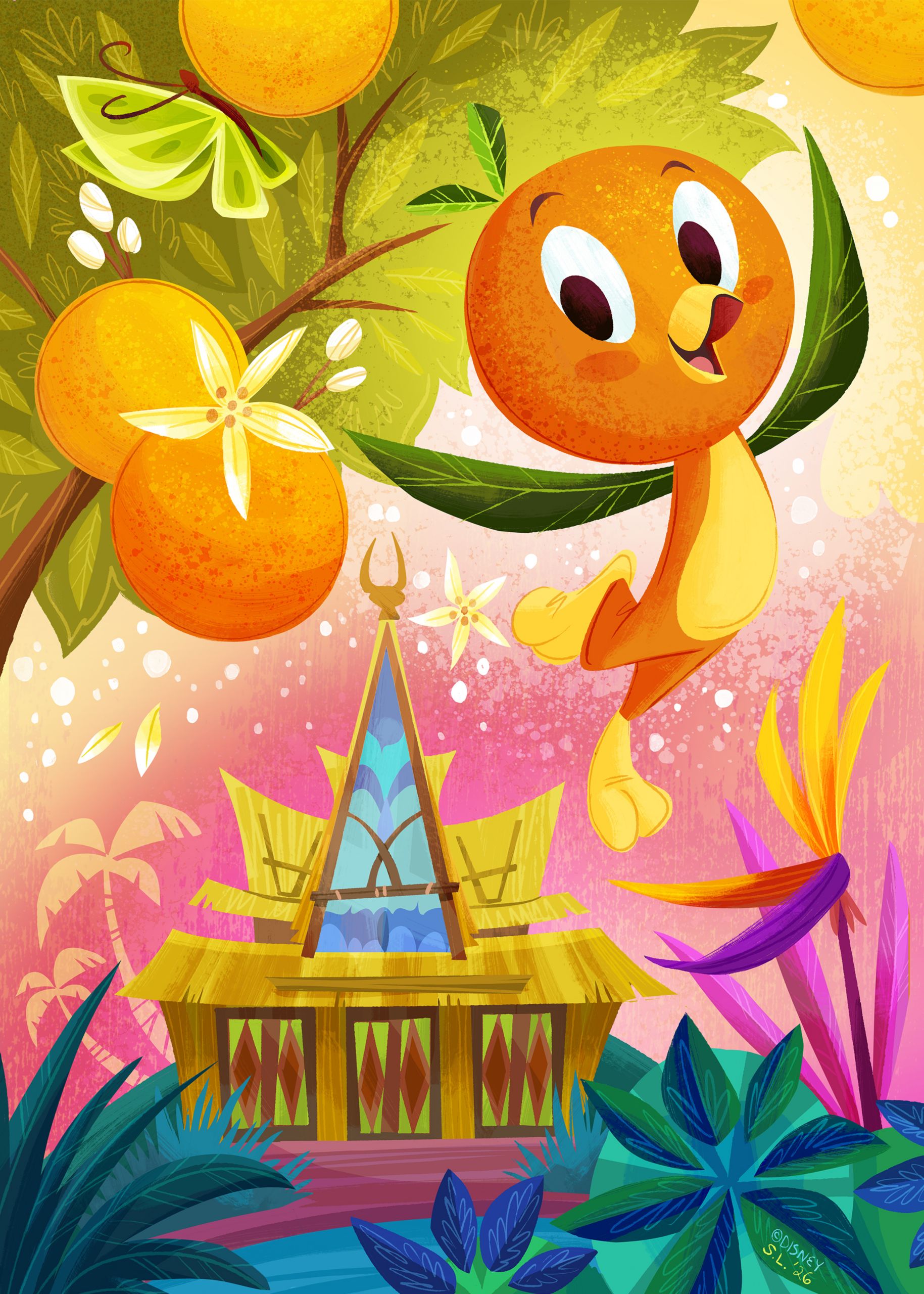 A piece of art depicts the Orange Bird flying in front of Walt Disney’s Enchanted Tiki Room