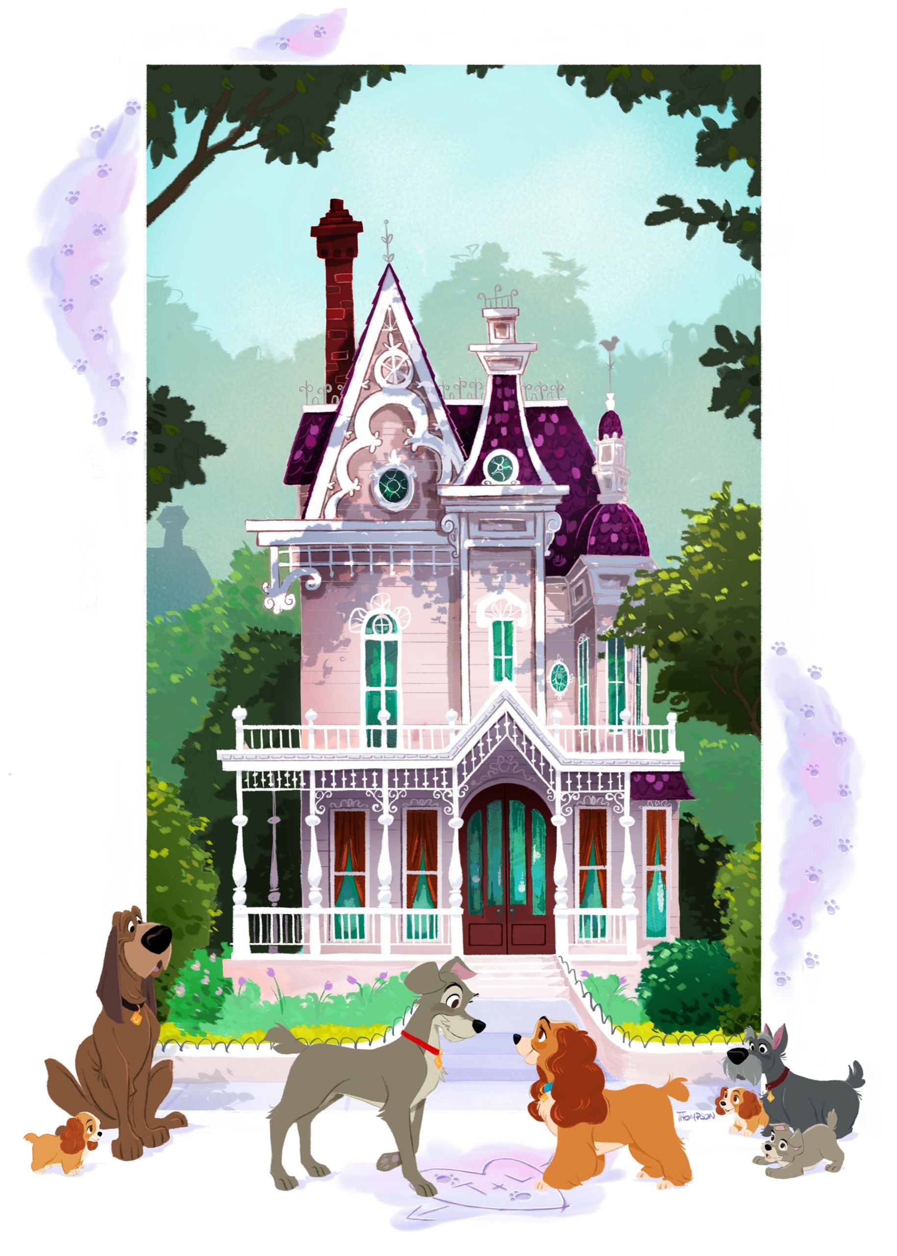 A piece of art depicts Lady, Tramp and their friends in front of Lady’s house