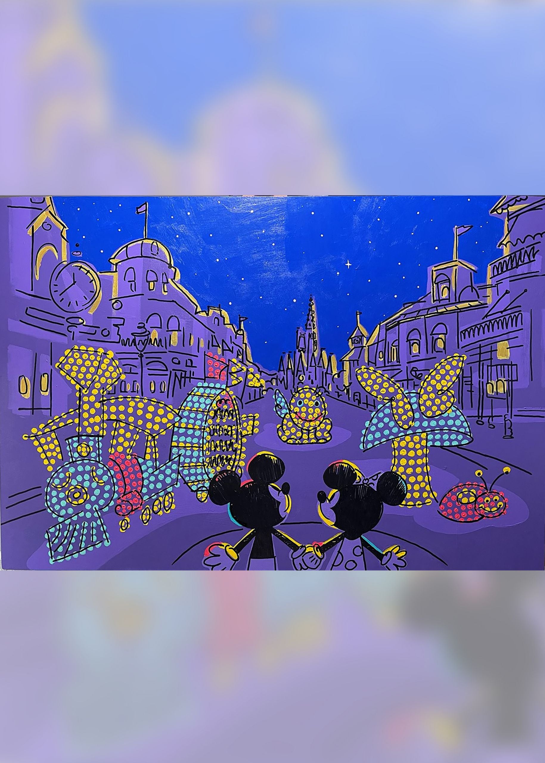 A piece of art depicts Mickey Mouse and Minnie Mouse watching a parade on Main Street, USA