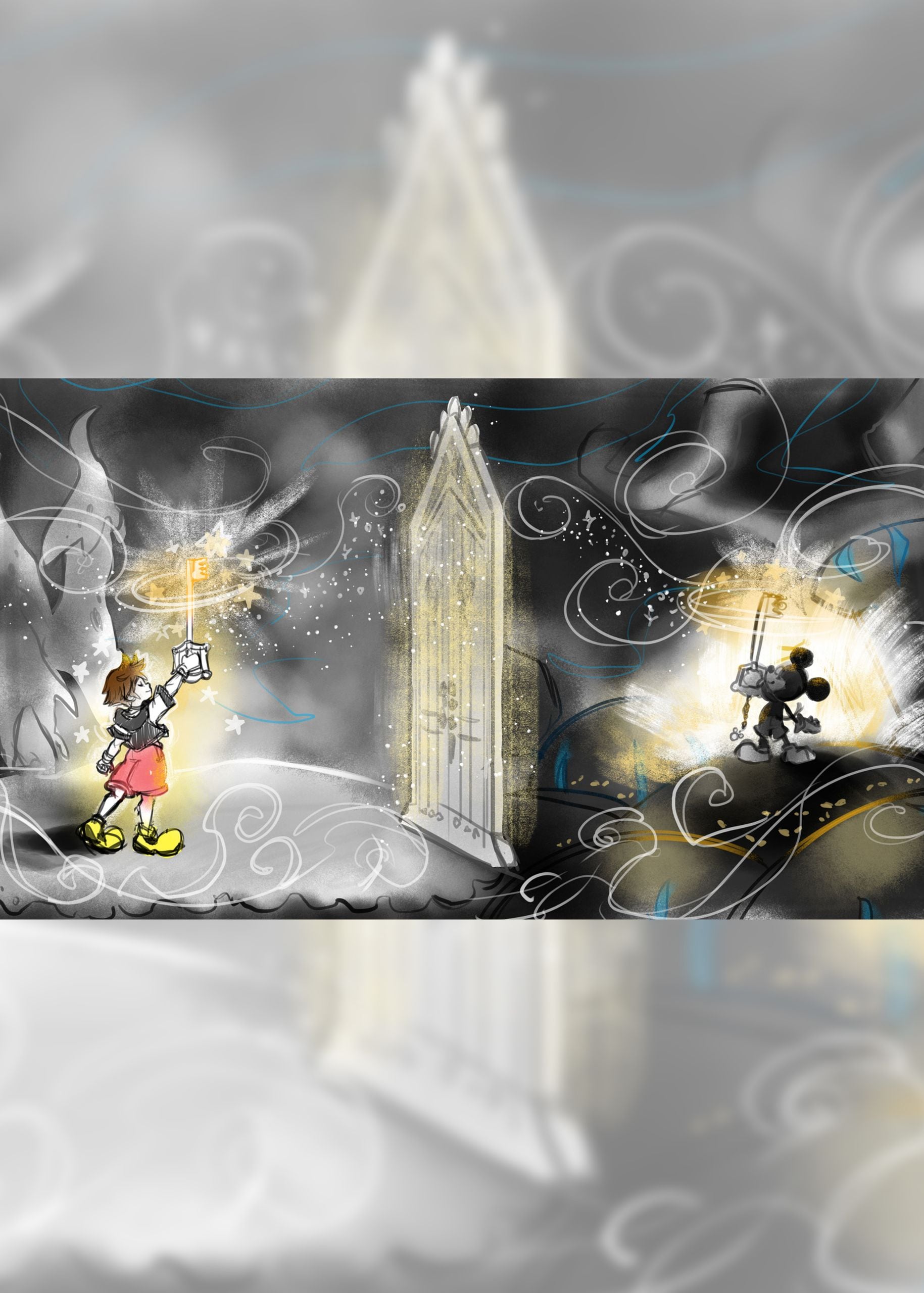 A piece of art depicts an enchanted door separating Mickey Mouse from a boy with a magical key