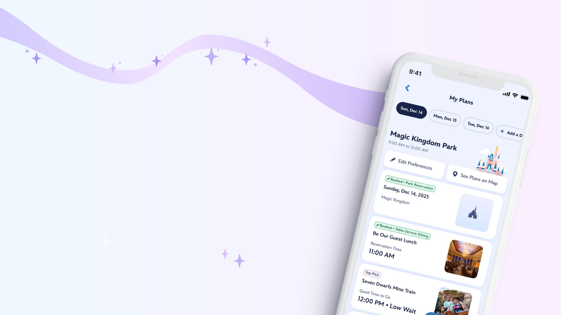 A mobile phone showing an itinerary at Magic Kingdom park in the My Plans section of the My Disney Experience app