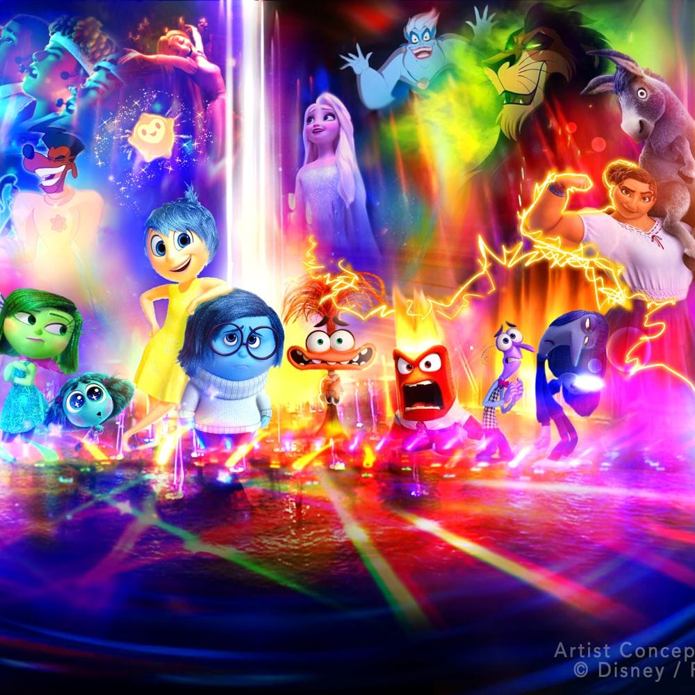 A collage of various characters from Walt Disney Animation Studios and Pixar Animation Studios including Joy, Sadness and Princess Elsa