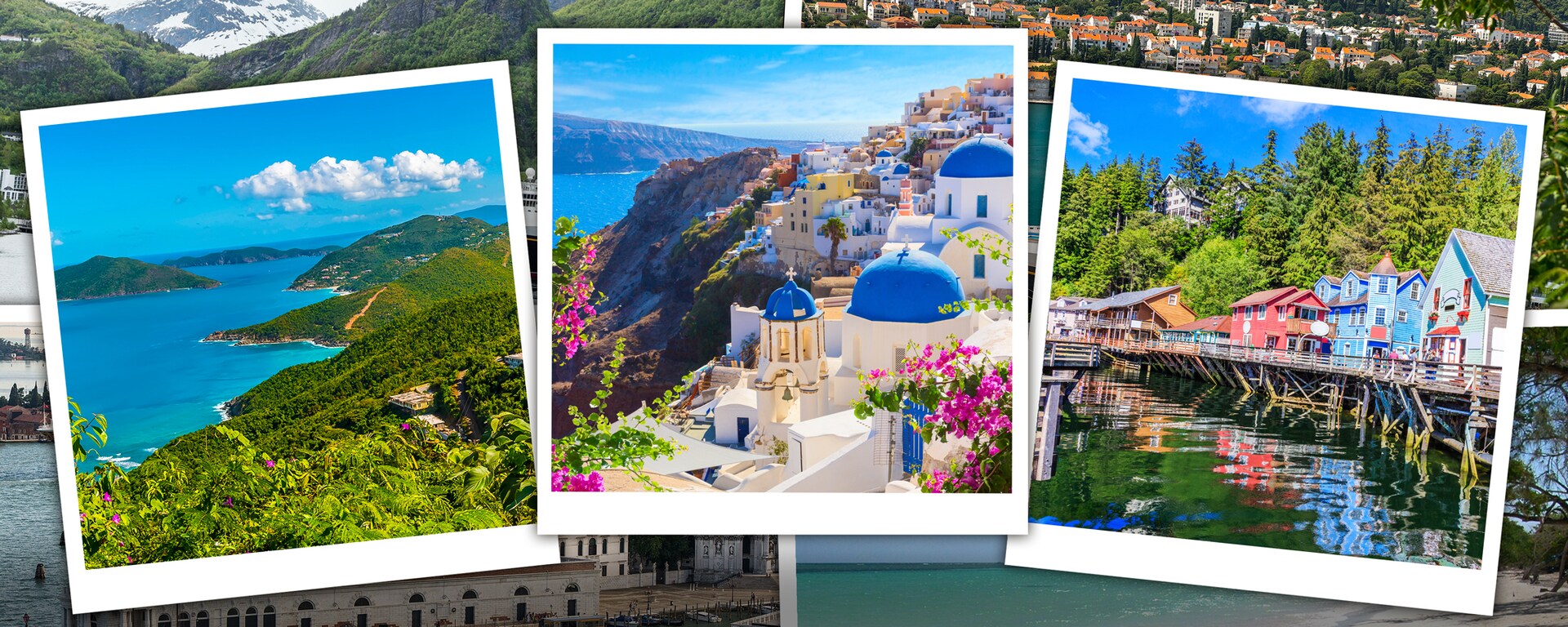 A montage of 3 vacation photos depicting the tropics, Greece and Alaska