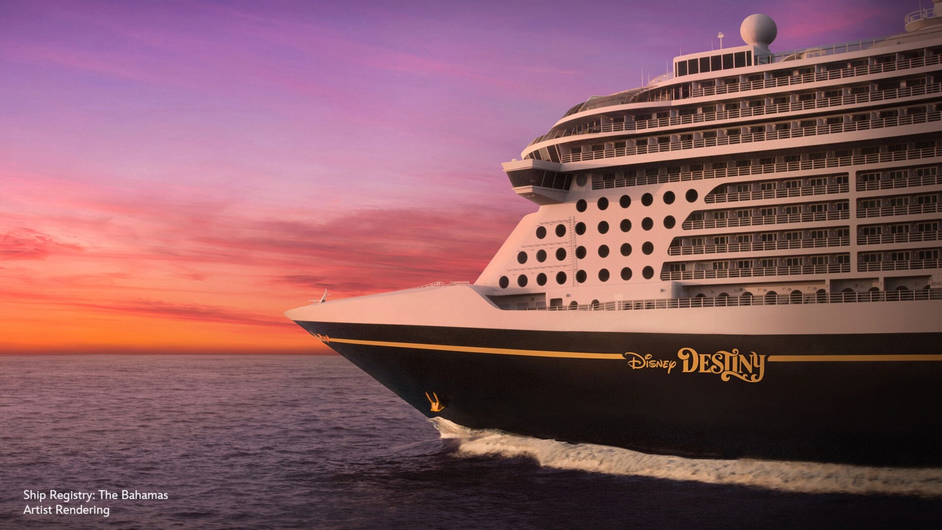 Artist rendering of the Disney Destiny cruise ship sailing at sunset 
