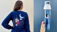 A woman wearing a long sleeve shirt featuring Mickey Mouse and Disney Vacation Club next to a second image of a hand holding a Disney Vacation Club Member water bottle
