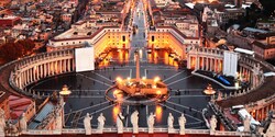 A central plaza in Vatican City surrounded by columns A central plaza in Vatican City surrounded by columns