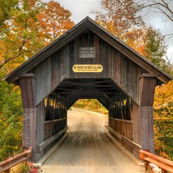 A head-on view of a wooden covered bridge with a sign that reads ‘No Trucks or Buses Allowed’ on a road surrounded by trees