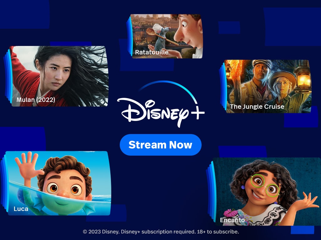 
The Disney Plus logo surrounded by images from Luca, Encanto, Mulan, Ratatouille and Jungle Cruise