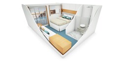 A model of a balcony suite room, featuring a bed, small sitting module, and floor-to-ceiling windows A model of a balcony suite room, featuring a bed, small sitting module, and floor-to-ceiling windows