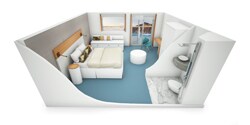 A model of a balcony suite plus room, featuring a bed, a floor-to-ceiling window, and bathroom A model of a balcony suite plus room, featuring a bed, a floor-to-ceiling window, and bathroom