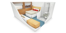 A model of a junior suite room, featuring a bed, small sitting module, windows, and bathroom