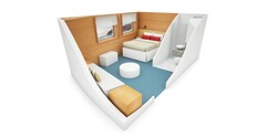 A model of a junior suite plus room, featuring a bed, small sitting module, and windows A model of a junior suite plus room, featuring a bed, small sitting module, and windows