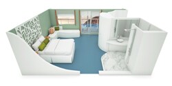 A model of a Legend balcony suite room, featuring a bed, an L-shaped sitting module, windows, and bathroom