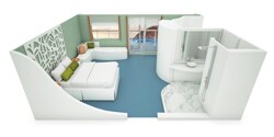 A model of a Legend balcony suite room, featuring a bed, an L-shaped sitting module, windows, and bathroom A model of a Legend balcony suite room, featuring a bed, an L-shaped sitting module, windows, and bathroom