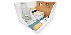 A model of a standard plus room, featuring a bed and small sitting module A model of a standard plus room, featuring a bed and small sitting module