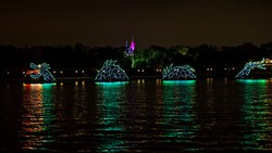 An electric light sea monster sailing over Seven Seas Lagoon