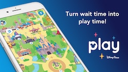 An iPhone featuring an animated game board, directly next to a logo for the Play Disney Parks app