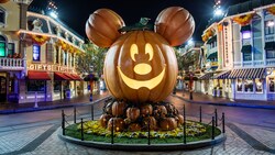 A giant replica jack o lantern with Mickey Mouse'™s face and 2 pumpkins for ears in a display at one end of Main Street USA at Disneyland Park