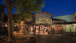 A towering pine tree stands tall directly outside the entrance to Pioneer Mercantile in Frontierland