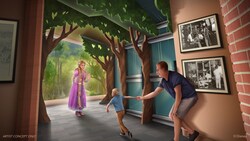 Rapunzel greets a child in a storybook forest doorway inside Off the Page!  