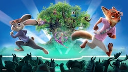 A promotional tile for Zootopia, Better Zoogether at Disney’s Animal Kingdom featuring Judy Hopps, Nick Wilde and other characters from Zootopia at the Tree of Life