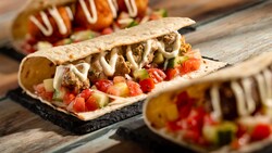 Pita wraps with veggies, meat and sauce from Tangierine Café Flavors of the Medina