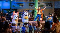 Performers and children dance with Bluey and Bingo