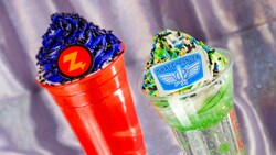 A Buzz Lightyear themed float and Zurg themed shake, each topped with sprinkles