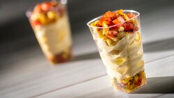Two Seasonal Fruit Parfait with sweet chili sauce and whipped mango puree
