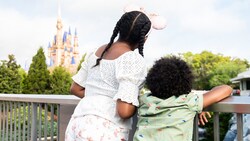 Two children lean over bridge rails to look at Cinderella Castle