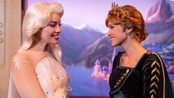 Princess Elsa and Princess Anna beaming at one another