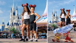 Two images, the first of 2 young girls in Fantasyland and the second a Disney Magic Shot of them looking surprised and delighted to see Jaq and Gus from the film ‘Cinderella’ carrying Cinderella’s famous slipper
