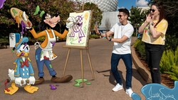 Guests gesturing towards Goofy painting on a mural while dripping paint onto Donald Duck