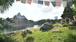 A snow covered mountain near a body of water and a stone building covered in moss