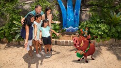 A Disney Magic Shot, featuring Timon and Pumba from The Lion King movie, with a family visiting Disney’s Animal Kingdom theme park