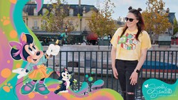 An overlay of artwork by Sarah Schmidt featuring Minnie Mouse placed next to a Guest posing for a photo