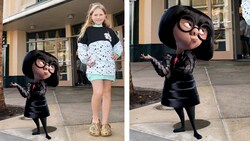 A Disney Magic Shot, featuring Edna Mode from the film Incredibles 2, with a young girl near Reel Vogue in Disney’s Hollywood Studios
