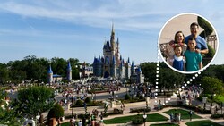 Cinderella Castle at Magic Kingdom park with a PhotoPass Super Zoom inset featuring a family of 4