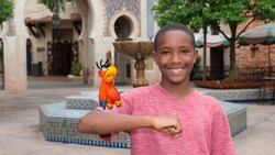 An image of Iago appears on a boy’s arm in the Morocco Pavilion