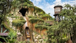 Guest riding Tiana's Bayou Adventure, featuring foliage and a water tower