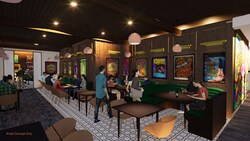 An artist rendering of Guests in a dining area with 1960s decor in Gordon Ramsay at The Carnaby