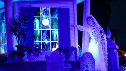 The bride from The Haunted Mansion posing during Madame Leota's Swinging Wake, A Haunted Mansion Street Party