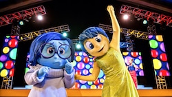 Sadness and Joy from ′Inside Out′ posing in front of a singer performing on a stage