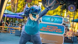 Stitch striking a pose during Stitch’s Interplanetary Beach Party Blast at Disneyland Park