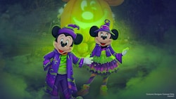 An artist illustration of Mickey Mouse and Minnie Mouse wearing Halloween costumes