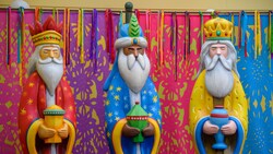 Three Kings Day figures holding gifts in front of decorations