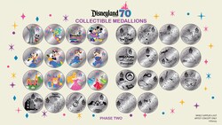 30 variations of commemorative medallions featuring many classic Disney Characters honoring the Disneyland 70th Celebration