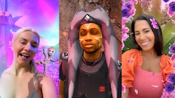 3 panels featuring Guests using Disney PhotoPass Lenses including Marvel, Star Wars and Pixar themed filters